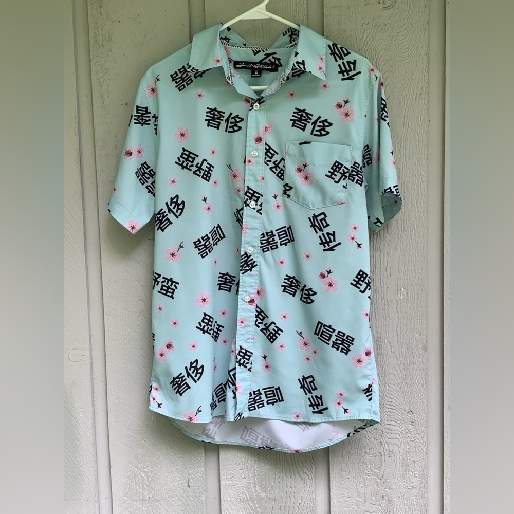 Graphic Just Attitude Cherry Blossom Pastel Blue Button Up Shirt Mens Sz Medium
